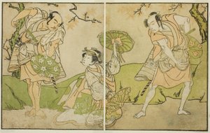 Os atores Ichikawa Somegoro (direita), Segawa Kikunojo II (centro) e Bando Sampachi (esquerda), em papéis não identificados na peça Myoto-giku Izu no Kisewata, apresentada no Teatro Ichimura no décimo primeiro mês, 1770 de Katsukawa Shunsho