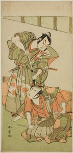 Os Atores Ichikawa Yaozo II como Konoshita Hyokichi (?) (à direita), e Sakata Hangoro II como Matsunaga Daizen Hisahide (?) (à esquerda), na peça Gion Sairei Shinko Ki (?), realizada no Teatro Ichimura (?) em o quinto mês, 1775 (?) de Katsukawa Shunsho
