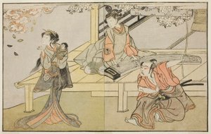 Os atores Ichikawa Yaozo II como Yoshimine no Munesada (direita), Yoshizawa Sakinosuke III como Shizuya (centro), e Nakamura Matsue I como Sakuragi (esquerda), na peça Kuni no Hana Ono no Itsumoji, apresentada no Teatro Nakamura na Décima Primeira Mês, 177 de Katsukawa Shunsho