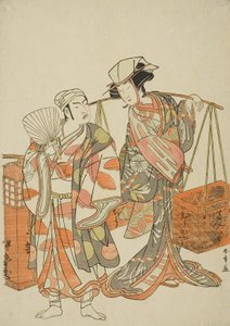 Os Actores Ichimura Uzaemon IX como Raposa Masculina Disfarçada de Sake Seller Iseya (esquerda) e Nakamura Tomijuro I como Raposa Feminina Disfarçada de Beancake Peddler Hyugaya, na Sequência de Dança "Myoto-zake Kawaranu Nakanaka" (Everlasting Harmony of  de Katsukawa Shunsho