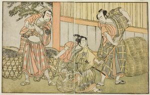 Os atores Kasaya Matakuro II como Hagun Taro (à direita), Ichikawa Monnosuke II como Izutsu no Suke Narihira (centro), e Nakamura Nakazo I como Kose no Kanaoka Disfarçado como Sogoro the Charcoal Maker, na peça Kuni no Hana Ono no Itsumoji, interpretada no de Katsukawa Shunsho