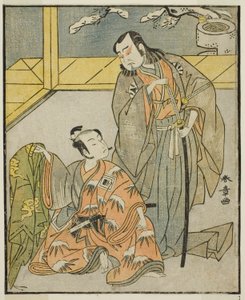 Os atores Nakamura Denkuro II como Suma no Dairyo (direita), e Ichikawa Komazo II como Ariwara no Yukihira (esquerda), na peça Kuni no Hana Ono no Itsumoji, apresentada no Teatro Nakamura no décimo primeiro mês, 1771 de Katsukawa Shunsho