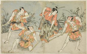 Os atores Nakamura Kashiwagi como Wakashu (segundo da direita) e três atores não identificados como Yakko de Katsukawa Shunsho