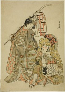 Os Atores Nakamura Nakazo I como Onmaya Kisanda Vestido como Kakubei, o Dançarino do Leão (Kakubei-jishi) (à direita) e Segawa Kikunojo III como Shizuka Gozen (à esquerda), na Sequência de Dança "Myoto-zake Kawaranu Nakanaka" (Eterna Harmonia do Casamento  de Katsukawa Shunsho