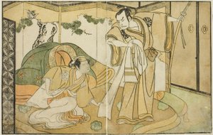Os atores Nakamura Nakazo I como Taira no Kiyomori (direita), e Yamashita Kinsaku II como Tokiwa Gozen (esquerda), na peça Nue no Mori Ichiyo no Mato, apresentada no Teatro Nakamura no décimo primeiro mês, 1770 de Katsukawa Shunsho