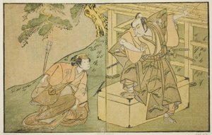 Os atores Onoe Matsusuke I como Akaboshi Taro (direita), e Azuma Tozo II como Shirotae (esquerda), na peça Kono Hana Yotsugi no Hachi no Ki, apresentada no Teatro Ichimura no décimo primeiro mês, 1771 de Katsukawa Shunsho