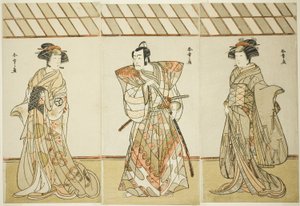 Os atores Onoe Tamizo I como Nishikigi (?) ou Otae (?) (direita), Ichikawa Danjuro V como Miura Heidayu Kunitae (?) (centro) e Osagawa Tsuneyo II como Oyuki (?) (esquerda), no Play Date Nishiki Tsui no Yumitori (?), Apresentado no Teatro Morita (?) no E de Katsukawa Shunsho