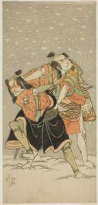 Os atores Otani Hiroji III como Kameo (direita) e Sakata Sajuro I como Ario (esquerda), na peça Hime Komatsu Ne no Hi Asobi, apresentada no Teatro Ichimura no Nono Mês, 1768 de Katsukawa Shunsho
