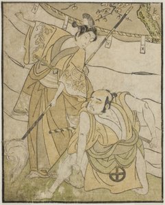 Os atores Otani Tomoemon I como Emohei (direita), e Sanogawa Ichimatsu II como Sanada Yoichi (esquerda), na peça Myoto-giku Izu no Kisewata, apresentada no Teatro Ichimura no décimo primeiro mês, 1770 de Katsukawa Shunsho