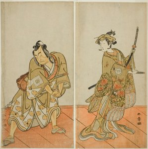 The Actors Segawa Kikunojo III as Aigo no Waka (right), and Ichikawa Yaozo II as Hachio-maru Aratora (left), in the Play Chigo Sakura Jusan Kane, Performed at the Ichimura Theater in the Eleventh Month, 1774 de Katsukawa Shunsho