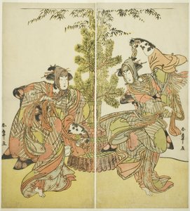Os atores Segawa Kikunojo III como Yasukata (direita), e Iwai Hanshiro IV como Utou (esquerda) na peça Godai Genji Mitsugi no Furisode, realizada no Teatro Nakamura no décimo primeiro mês, 1782 de Katsukawa Shunsho