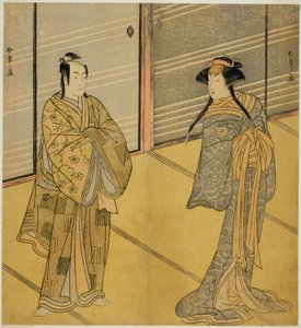 A peça Shitenno Tonoi no Kisewata, apresentada no Teatro Nakamura, A peça Shitenno Tonoi no Kisewata, apresentada no Teatro Nakamura no Onze de Katsukawa Shunsho
