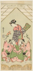 Os atores Segawa Kikunojo II como a ama de leite Reizei, Ichikawa Komazo I como Suruga no Hachiro no Disfarce do Shamisen Player Kichiroku (direita), e Ichikawa Yaozo II como Tada no Kurando no Disfarce do Portador de Palanquin Kichinai (esquerda), na cena de Katsukawa Shunsho