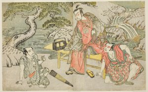 Os atores Tomizawa Hanzaburo II como Nagoya Sanzaemon (muitas vezes chamado de Sanza) (à direita), Nakamura Juzo II como Fuwa Banzaemon (centro) e um ator não identificado como o carteirista Matsumoto Daishichi (à esquerda), na peça Fuki Kaete Tsukimo Yosh de Katsukawa Shunsho