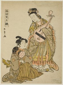 A Deusa Benten Segurando um Biwa e um Jovem Segurando um Tambor de Ombro, da série "Comparando os Sorrisos dos Deuses da Sorte (Fukujin egao kurabe)" de Katsukawa Shunsho