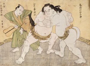 The Wrestling Match entre Kimenzan Tanigoro e Edogasaki Gemji (impressão em xilogravura colorida) de Katsukawa Shunsho