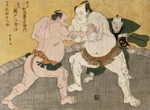 The Wrestling Match entre Kimenzan Tanigoro e Edogasaki Gemji (impressão em xilogravura colorida) de Katsukawa Shunsho