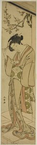 Mulher em uma varanda prestes a abrir uma carta de amor de Katsukawa Shunsho