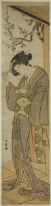 Mulher em uma varanda prestes a abrir uma carta de Katsukawa Shunsho
