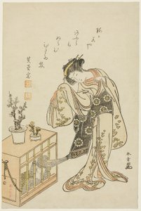 Jovem mulher com um macaco engaiolado (impressão de calendário para o ano novo de 1776) de Katsukawa Shunsho