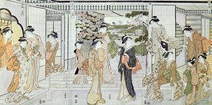 Jovens mulheres com um cesto de crisântemos (impressão a cores de bloco de madeira) de Katsukawa Shunsho