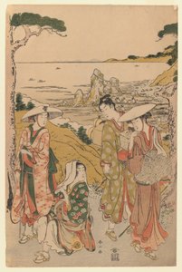 Uma companhia de peregrinos de Yedo fora de uma casa de chá nas colinas atrás da praia de Futami que admira a visão, 1795 (impressão de woodblock de cor)