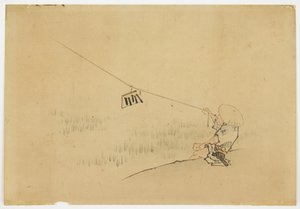 Fazendeiro empinando pipa com badalo de pássaro, ca. 1850 (tinta e cor no papel) de Katsushika (school of) Hokusai