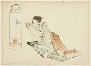 Lady Adjusting a Lamp, c.1815-1849 (tinta e cor no papel) de Katsushika (school of) Hokusai