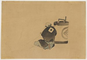 Atendente sentado fumando sob uma lâmpada, ca. 1850 (tinta e cor no papel) de Katsushika (school of) Hokusai