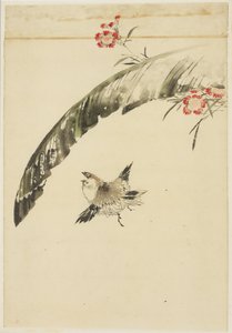 Sparrow and Banana Leaf and Pinks, 1615-1868 (tinta e cor no papel) de Katsushika (school of) Hokusai