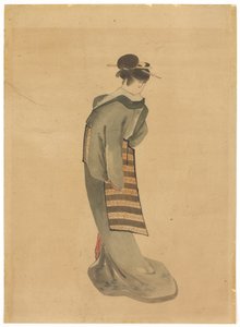 Standing Beauty (vista traseira), c.1850 (tinta e cor no papel) de Katsushika (school of) Hokusai