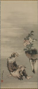 Um homem sentado olhando peônias em vasos, período Edo (tinta e cor no papel) de Katsushika Hokusai