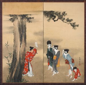 Um sacerdote xintoísta, três mulheres e uma criança, período Edo, c.1799 (tinta, ouro e cor no papel) de Katsushika Hokusai