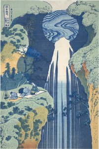 A Cascata de Amida, bem ao longe, na Estrada de Kiso, da série «Passeio pelas Cascatas de Várias Províncias» de Katsushika Hokusai