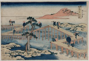 Uma imagem antiga da ponte de oito partes na província de Mikawa (da série Curious Views of Famous Bridges in the Provinces) de Katsushika Hokusai