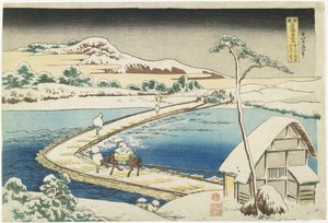 Uma visão antiga da ponte do pontão em Sano, província de Ko_zuke, 1833-1834 de Katsushika Hokusai