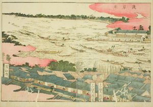 Festival de Asakusa (Asakusa matsuri), do livro ilustrado "Livro ilustrado de diversões do Oriente (Ehon Azuma asobi)" de Katsushika Hokusai