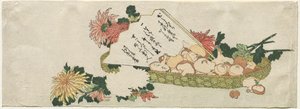 Cesta com leque, crisântemos e cogumelos de Katsushika Hokusai