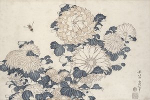 Abelha e crisântemos, da série &39;Big Flowers&39; (impressão em xilogravura a cores) de Katsushika Hokusai