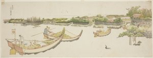 Barcos transportando arroz no rio Sumida de Katsushika Hokusai