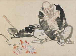 Alegoria budista de um padre queimando galhos de cerejeira, final do século 18 e início do século 19. de Katsushika Hokusai
