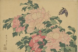 Borboletas e peónias de Katsushika Hokusai