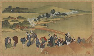 Vista da flor de cerejeira, final do século 18 e início do século 19. de Katsushika Hokusai