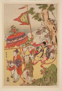 Crianças chinesas a brincar junto a um pinheiro de Katsushika Hokusai