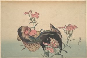 Galo, Galinha e Nadeshiko (Dianthus Superbus) de Katsushika Hokusai