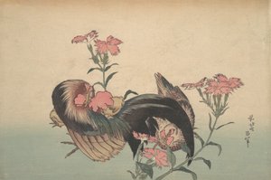 Galo, Galinha e Nadeshiko Dianthus Superbus. de Katsushika Hokusai