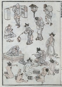 Gestos de vida diária, de um mangá (impressão em xilogravura colorida) de Katsushika Hokusai