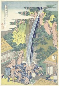 A cachoeira de Roben em Oyama na província de Sagami Soshu Oyama Roben no taki (título no objeto) Um passeio pelas cachoeiras nas províncias (título da série) Shokoku taki meguri (título da série no objeto) de Katsushika Hokusai