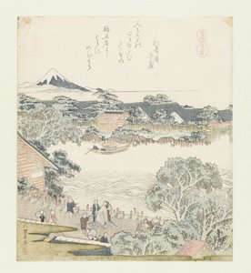 A pedra de amarração do cavalo Komatomeishi (título no objeto) Uma série com cavalos (título da série) Umazukushi (título da série no objeto) de Katsushika Hokusai