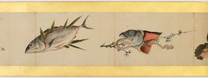 Detalhe do Handscroll com diversas imagens, período Edo, 1839 tinta e cor em papel de Katsushika Hokusai